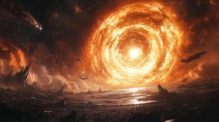 energy beam shooting from moon base into galaxy core, spacecrafts flying around, cinematic depth, ultra-realistic sci-fi concept art