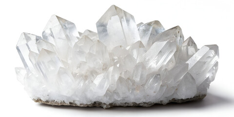 Closeup of quartz crystal cluster isolated on white background in natural eco mineral design
