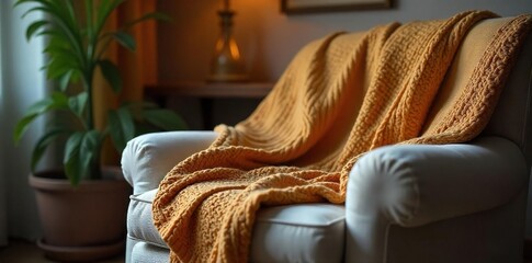 Cozy knit blanket draped over a plush armchair, soft lighting creating a warm and inviting atmosphere, perfect for relaxation and quiet evenings , quiet, knit, design