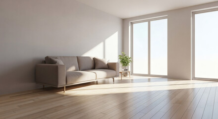 Fototapeta premium Sunlit modern living room with a minimalist sofa and light wood floor, brightened by large windows, offering a serene and inviting contemporary interior design.