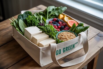 Vibrant healthy ingredients for plant-based meals in reusable tote bag promoting sustainable eating