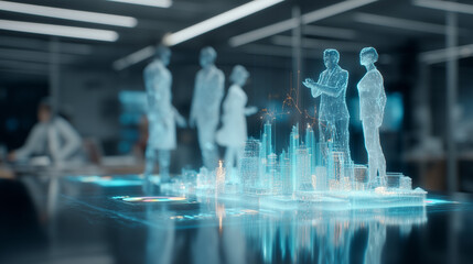 Futuristic Holographic Human Figures and Smart City Projection in Tech Lab
