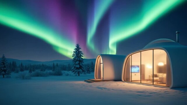 Modern igloo style homes under the northern lights with snowy landscape and trees at night time view