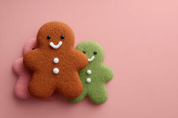 Cheerful gingerbread cookies with smiling faces on soft pink bac