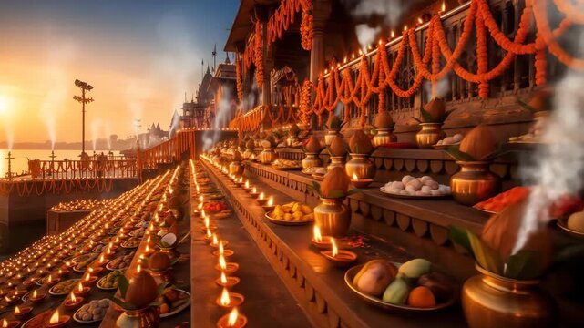Vibrant chhath puja devotion countless lit diyas and offerings adorn sacred river steps during auspicious sunrise ceremony