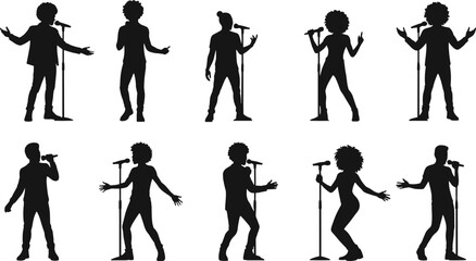 Singer Silhouette Vector Set – Vocalists Performing with Microphones, Concert Stage Poses, Music Artist Clipart, Pop Soul Jazz Icons