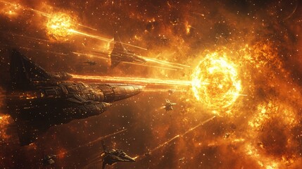 space battle scene near alien energy source, explosions, glowing lasers, spacecrafts in motion, cosmic background, photorealistic