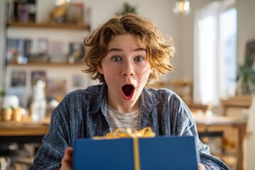 Teenager opening gift box with excited surprised expression
