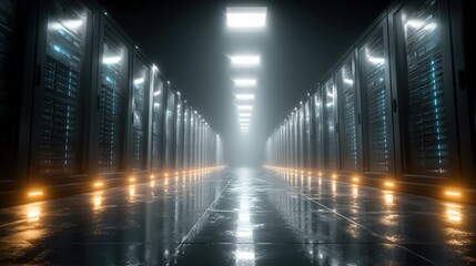 Server farm interiors with futuristic lighting--large-scale data centers hosting cloud services, processing, and secure networking