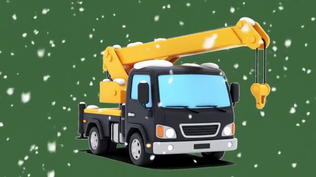 Animated tow truck on green background with falling snow