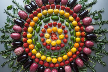 Vibrant rainbow arrangement of fresh fruits and vegetables beautifully displayed with herbs for healthy eating inspiration