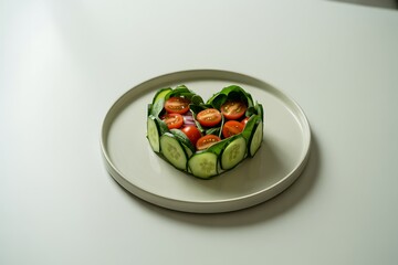 Fresh heart-shaped salad with vibrant tomatoes, crisp cucumbers, and leafy greens presented on a modern plate