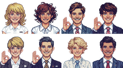 Pixel Art Portraits of Smiling People with Different Hairstyles and Outfits showcasing Diversity and Positive Expressions in Retro Gaming Style