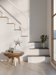 Wooden table with decor items aside white wall and staircase on parquet floor of a modern house.