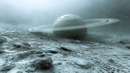 Misty alien planet with ringed gas giant