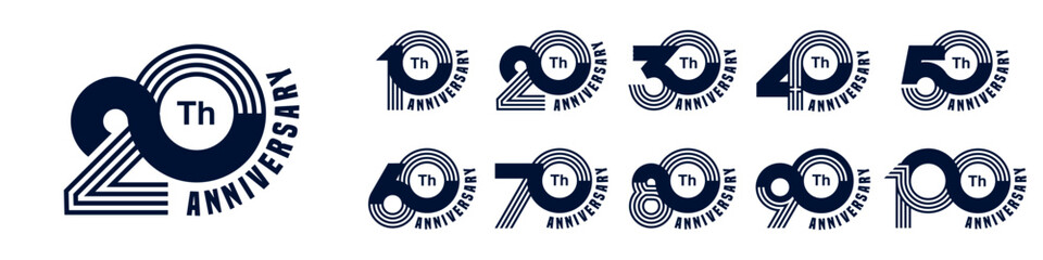 collection anniversary 10 to 100 year logo designs. abstract number for celebration event, wedding, greeting card, and invitation, vector illustration