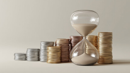 Hourglass with stacked coins symbolizing time and money concept
