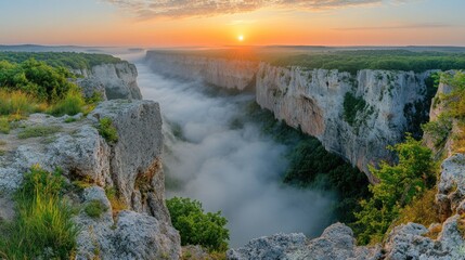 Misty canyon sunrise from high cliff