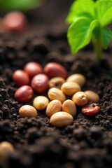 Close-up shot of various seeds nestled in rich, dark soil, ready for planting  Perfect for gardening, agriculture, spring, and growth concepts ,  soil,  seedling