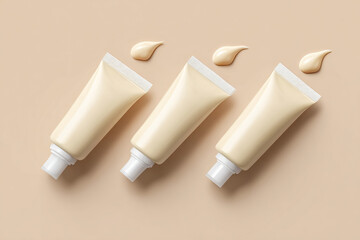 Three product tubes in a row with neutral drops, showcasing elegance, minimalism, and skincare in a sophisticated, clean studio setting.