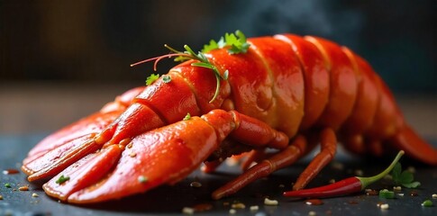 Close-up of succulent, vibrant red lobster tail glistening with spicy chili sauce Aromatic steam rises, hinting at the fiery flavor within , glossy, gourmet, dinner