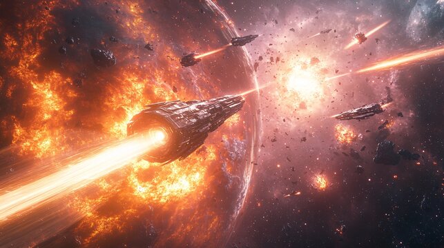 space battle scene near alien energy source, explosions, glowing lasers, spacecrafts in motion, cosmic background, photorealistic