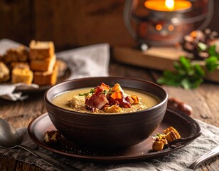 Creamy soup with bacon and croutons in a rustic bowl, served on a wooden table.