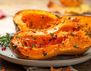 Delicious roasted butternut squash halves, seasoned with herbs and spices, presented on a plate with autumn leaves in the background.