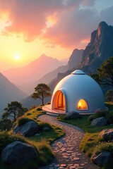 Serene spiritual domes nestled amidst a tranquil landscape, bathed in the soft glow of sunrise Perfect for meditation, yoga, or spiritual reflection , quiet, nature