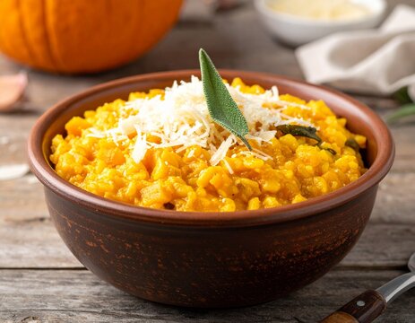A warm, rustic bowl of creamy pumpkin risotto, topped with shredded cheese and a fresh sage leaf, sits on a weathered wooden surface, hinting at autumn flavors.