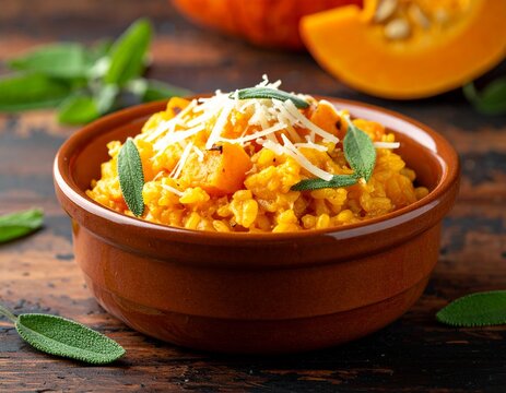 Warm pumpkin risotto garnished with grated cheese and fresh sage leaves, served in a rustic brown bowl on a wooden surface.