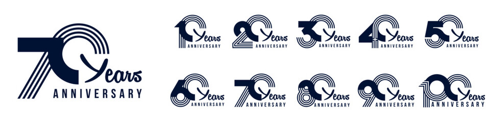 collection anniversary 10 to 100 year logo designs. abstract number for celebration event, wedding, greeting card, and invitation, vector illustration