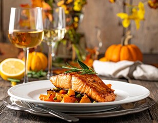 A gourmet dinner of pan-seared salmon with roasted vegetables and white wine in an autumn setting.