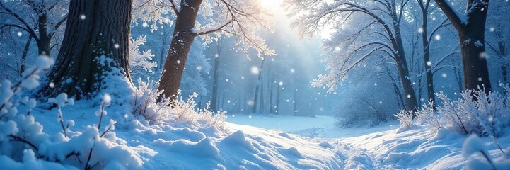 Enchanted winter forest scene; snow-covered trees, glistening ice, whimsical frost patterns Perfect for fantasy, holiday, and winter wonderland themes , winter scene, snowy