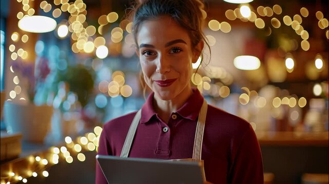 Smiling restaurant worker using illuminated tablet, navigating festive dining space customer by warm christmas lighting, delivering digital attentive service video 4k