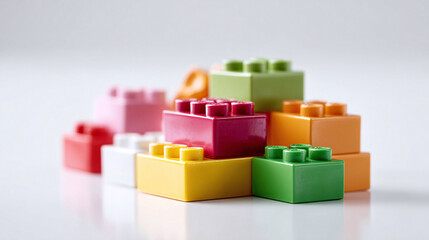 Fototapeta premium Colorful toy blocks stacked on white. Represents creativity, childhood, building, learning, and imagination. Ideal for education, construction, and development themes.