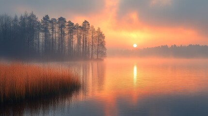 Fototapeta premium Misty lake sunrise, silhouettes of trees