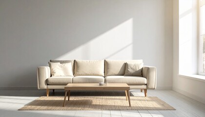 Bright and Airy Living Room Mockup with Sofa, Coffee Table, and Sunlight Accents