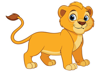 Cute Cartoon Lion Cub with Blue Eyes Standing on White Background Design