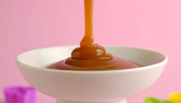 Caramel sauce pouring into bowl