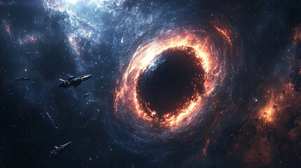 realistic spacecraft flying near glowing alien energy ring around a black hole, galactic backdrop, mysterious sci-fi scene in deep space
