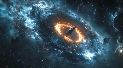 realistic spacecraft flying near glowing alien energy ring around a black hole, galactic backdrop, mysterious sci-fi scene in deep space