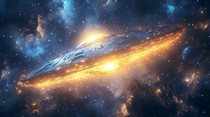 mysterious glowing object floating between stars, ancient alien tech radiating energy, dramatic cosmic composition, high realism