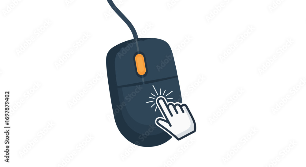 Poster stylized illustration showcasing a computer mouse being clicked by a white hand on a clean backgroun