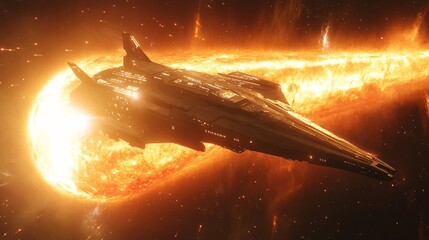futuristic spaceship charging energy from a red giant star, photorealistic lighting, galactic horizon, ultra-detailed sci-fi visual