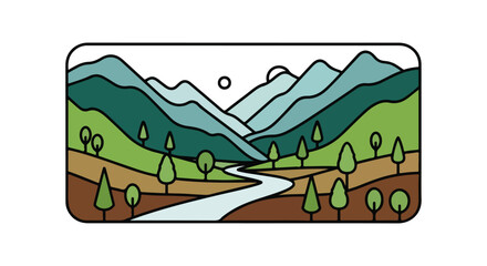 Stylized Mountain Landscape Illustration with River and Trees in Flat Design  Simple Outdoor Scene