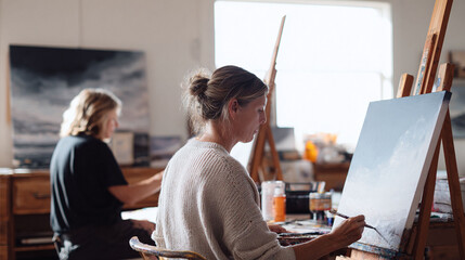 Creative woman paints a canvas in her bright studio, alongside another artist. Evokes artistic expression, inspiration, and collaboration in a serene creative space.