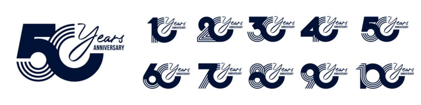 collection anniversary 10 to 100 year logo designs. abstract number for celebration event, wedding, greeting card, and invitation, vector illustration