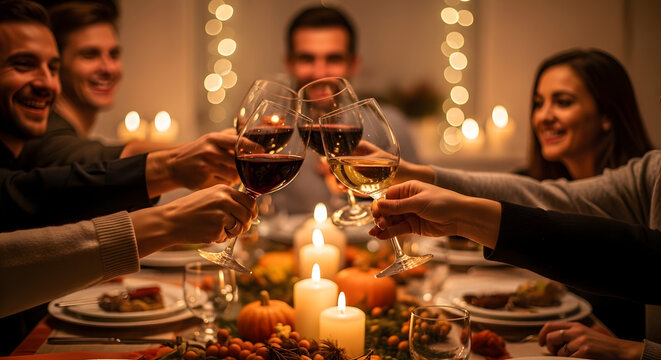 Celebration toast among friends cozy home dining room evening gathering warm ambiance joyful spirit