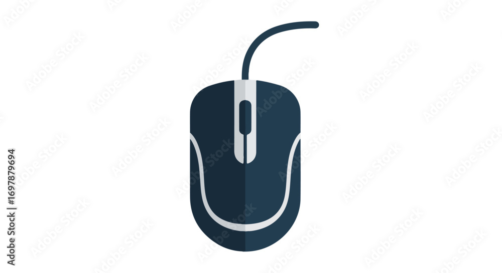 Poster stylized dark blue computer mouse illustration on white backdrop, modern design element for web and 